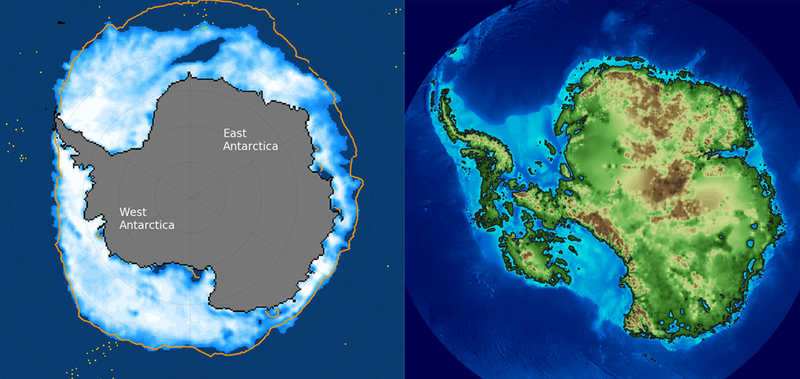 Left: Antarctica in November 2017, with sea ice concentration indicated in white and median sea ice extent in orange. Right: Deglaciated Antarctic topography. A passageway is visible between the Weddell sea east of the Antarctic Peninsula, the Amundsen sea west, and the Ross Sea further west. Images: National Snow and Ice Data Center, Wikimedia Commons